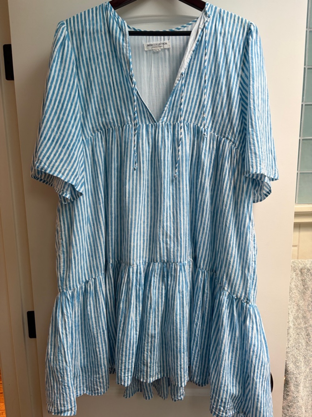 Sz M/L Emerson Fry India Collection Blue and White Striped Lined Midi Dress